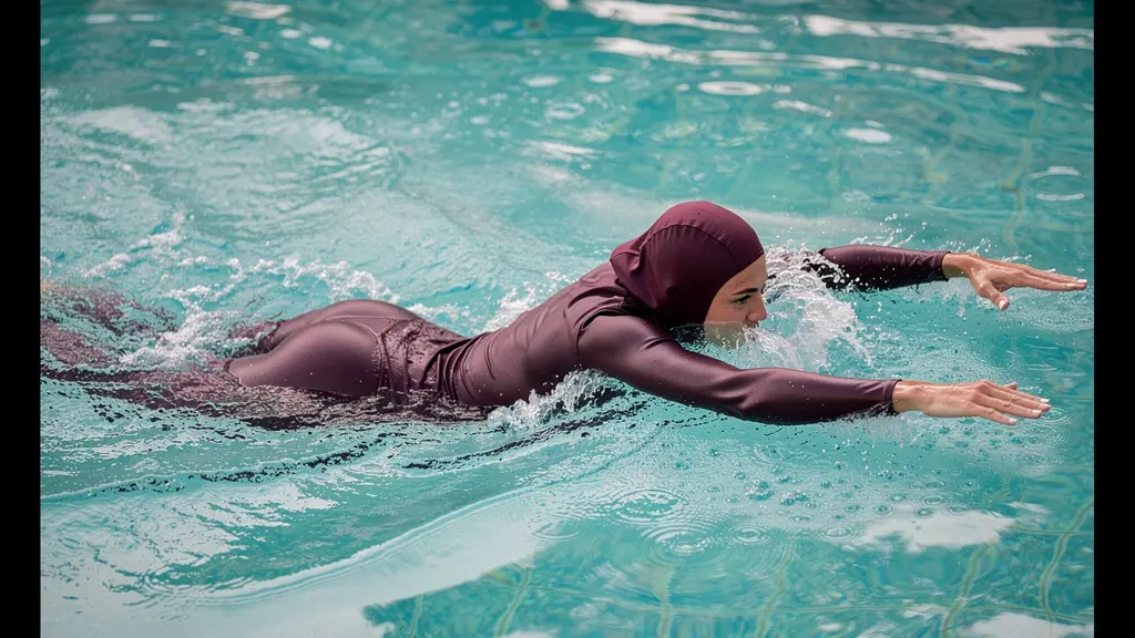 Femme en burkini nageant dans une piscine extérieure