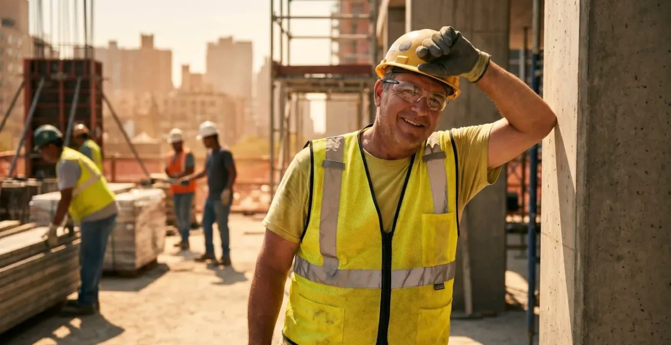 Ouvrier portant une veste rafraîchissante haute visibilité sur un chantier en période de canicule.